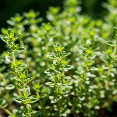 Close-up of fresh Lemon Thyme sprigs growing in a sunny garden bed