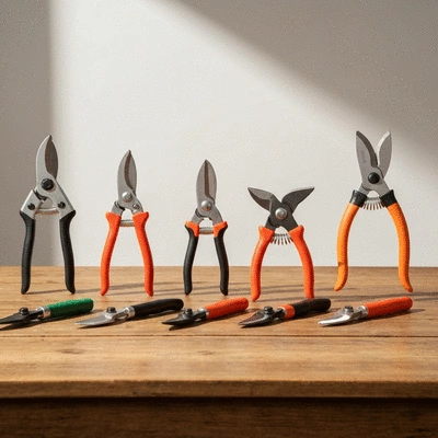 Close-up of various garden pruners on a wooden table
