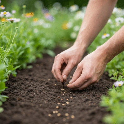 A person carefully planting wildflower seeds in a garden bed