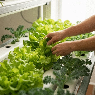 Person harvesting organic leafy greens from an aquaponic system, clean image