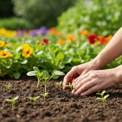 Close-up of a gardener's hands tending to small, healthy vegetable plants in rich soil, with a blurred background of a vibrant summer garden.