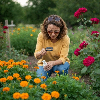 A homeowner using natural pest control methods in their garden