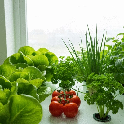 Hydroponically grown herbs and vegetables in a home setup