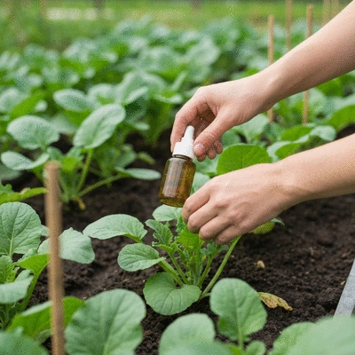 Hands applying organic pesticide to a vegetable plant in a garden, focusing on natural pest control methods, no text, no words, no typography, 8K
