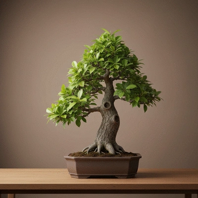 Close-up of a well-maintained Ficus bonsai tree in a ceramic pot, with lush green leaves and a thick trunk, on a minimalist wooden table, no text, no words, no typography, 8K
