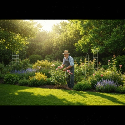 Gardener tending to a lush backyard garden, vibrant plants, natural light