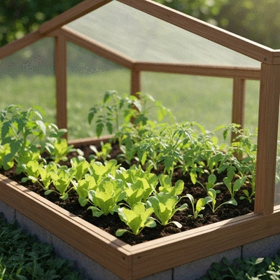 Cold frame protecting young plants in a garden bed during cooler weather