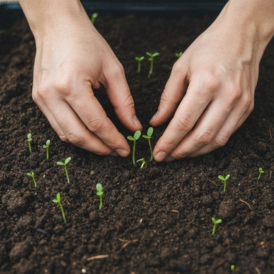 Close-up of healthy soil with small green sprouts, hands gently tending to them, no text, no words, no typography, clean image