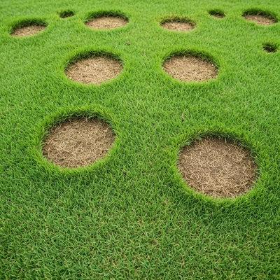 Close-up of a lawn with circular brown patches, illustrating the impact of lawn diseases on grass health and appearance.