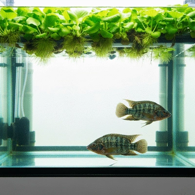 Tilapia fish in a clean aquaponics tank, with green leafy plants growing above