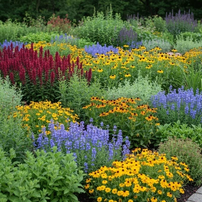 Beautiful perennial garden with various low-maintenance plants in bloom