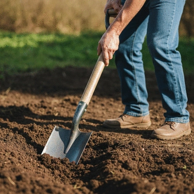 Gardener using a heavy-duty shovel in tough soil