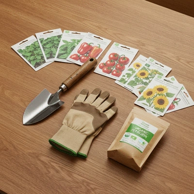 Various organic gardening tools laid out on a wooden table, such as a hand trowel, gardening gloves, seed packets, and a small bag of organic fertilizer, no text, no words, no typography, 8K