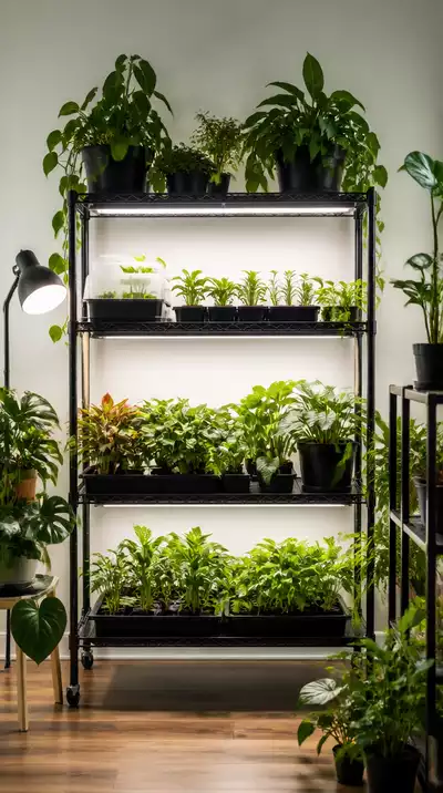 Indoor gardening setup with various plants under grow lights