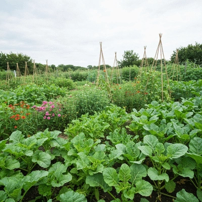 Lush organic garden with various plants, free from pests, showing healthy growth, no text, no words, no typography, 8K