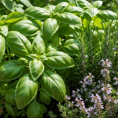 Close-up of various herbs like basil, rosemary, and thyme growing together in a garden bed, illustrating companion planting benefits.