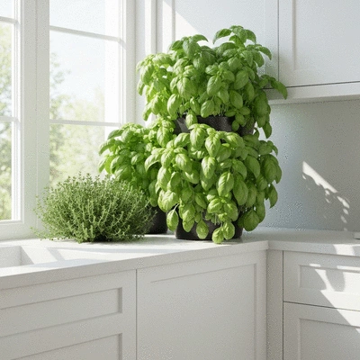 Modern vertical herb garden with fresh basil and thyme in a kitchen