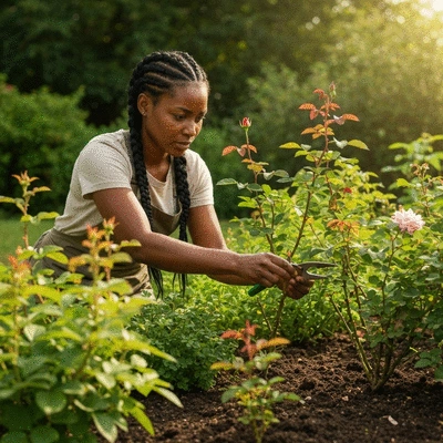 Gardener tending to plants in a sunny garden, showing lush greenery and healthy soil