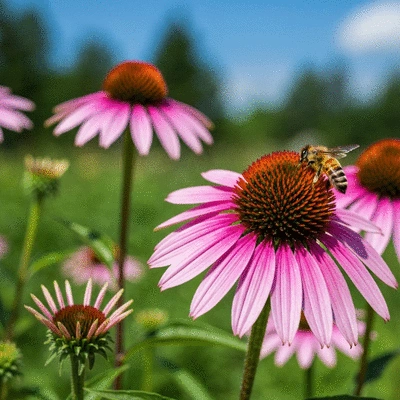 Purple coneflower in a vibrant garden with bees, no text, no words, no typography, clean image