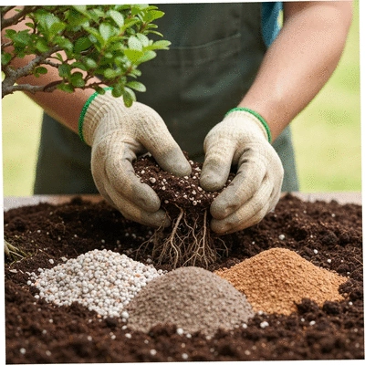 Close-up of a gardener's hands mixing different soil components for a bonsai tree, showing care and attention to detail, no text, no words, no typography, clean image