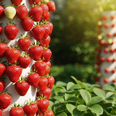 Modern vertical strawberry tower planter with ripe red strawberries growing, in a sunny garden setting, no text, no words, no typography, clean image