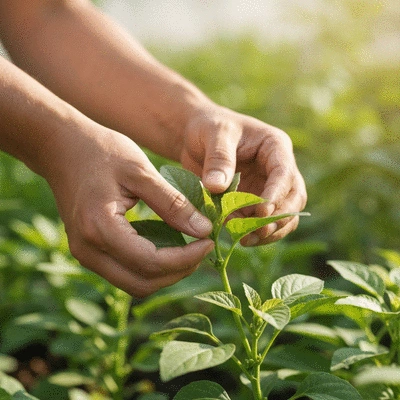 Close-up of a gardener's hands gently inspecting a healthy young plant for growth and pests