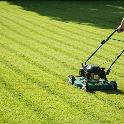 A gardener strategically mowing a lush, green lawn with a modern push mower, bright sunny day, no text, no words, no typography, clean image
