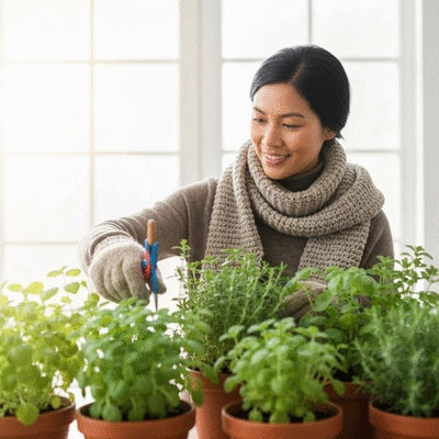 User nurturing an herb garden during winter