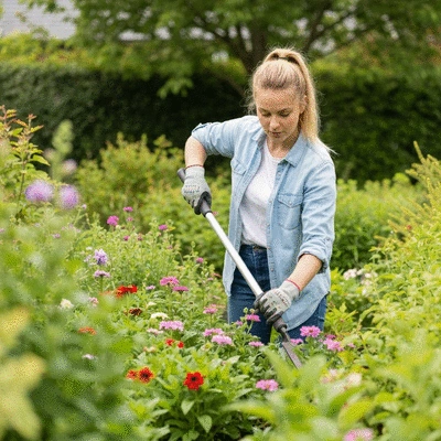 Long-handled gardening tool in use, preventing back strain