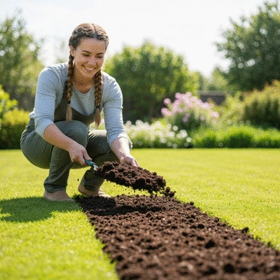 A gardener spreading compost on a vibrant green lawn, illustrating sustainable lawn care practices.