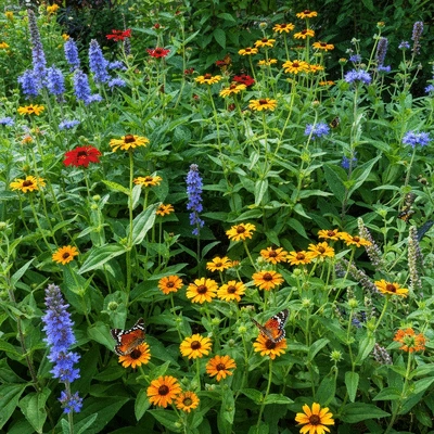 Vibrant garden with various native plants and pollinators