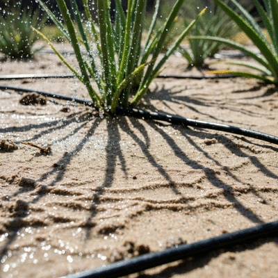 Drip irrigation system in a desert garden, watering plants efficiently, no text, no words, no typography