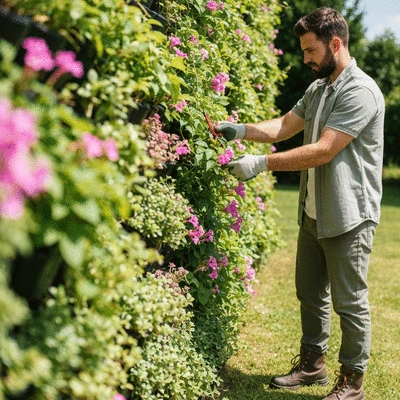 Gardener tending to vertical garden with various plants