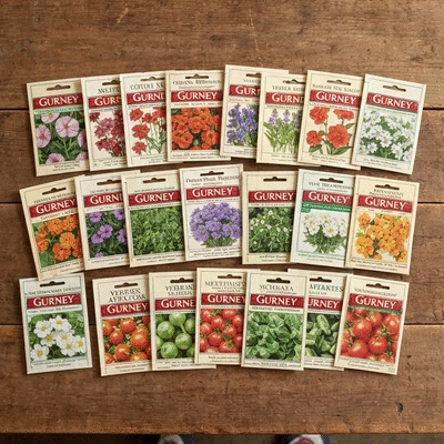 Assortment of various seed packets from different types of plants neatly arranged on a wooden table, representing Gurney's wide selection, no text, no words, no typography, clean image