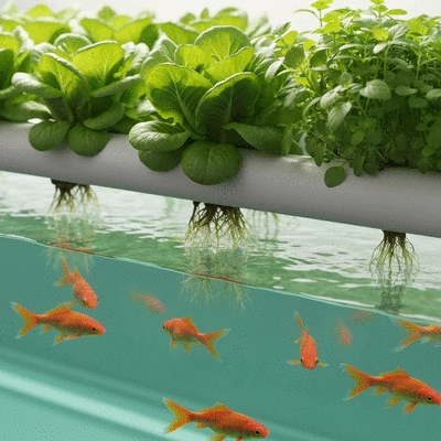 Close-up of healthy green plants growing in an aquaponics system with visible water and fish, clean image, no text