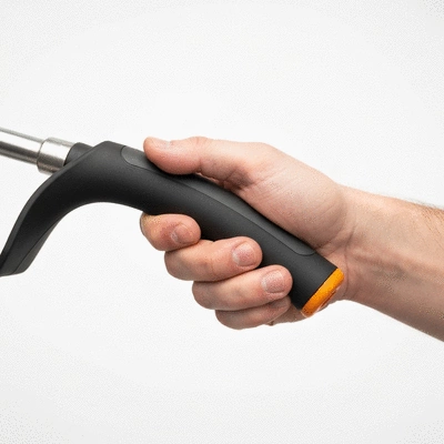 Close-up of ergonomic garden tool handle with a soft, non-slip grip