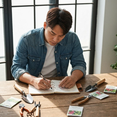 Person planning an organic gardening calendar with various seeds and tools on a rustic wooden table