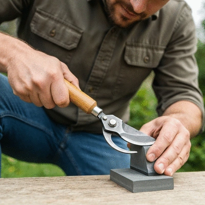 Close-up of gardener sharpening pruning shears with a whetstone, showing focused attention and sharp tool edge