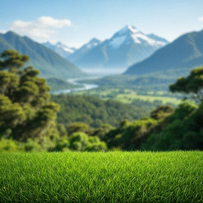Close-up of a vibrant, healthy green lawn with a blurred background of different regional landscapes like mountains and humid forests, no text, no words, no typography, 8K, natural lighting