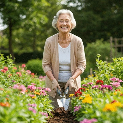 Elderly person using ergonomic gardening tools with ease