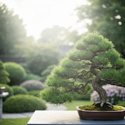 Pine bonsai in a serene garden setting
