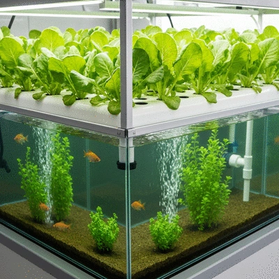 Aquaponics system with fish tank and plants growing above