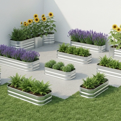 Various galvanized garden bed shapes and sizes in a garden setting
