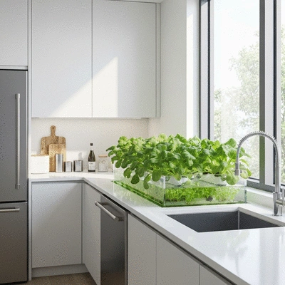 Lifestyle image of an aquaponics setup in a modern kitchen