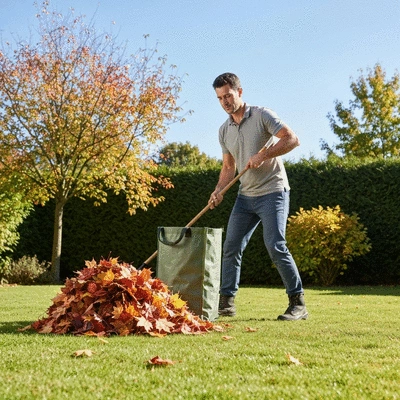 Gardener efficiently raking a large pile of autumn leaves into a sturdy garden bag