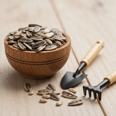Close-up of sunflower seeds in a small wooden bowl next to gardening tools