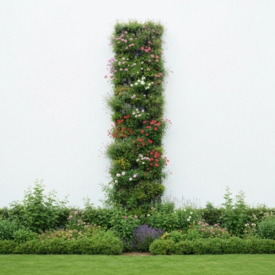 Garden with various plants on a vertical trellis