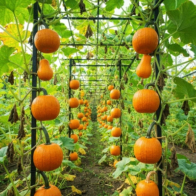 Vertical pumpkin garden with pumpkins growing on a trellis