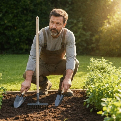 Person evaluating garden space, sunlight, and soil conditions with gardening tools