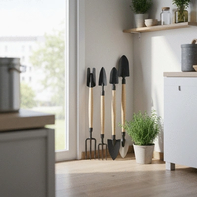 Compact garden tools neatly stored in a small urban apartment